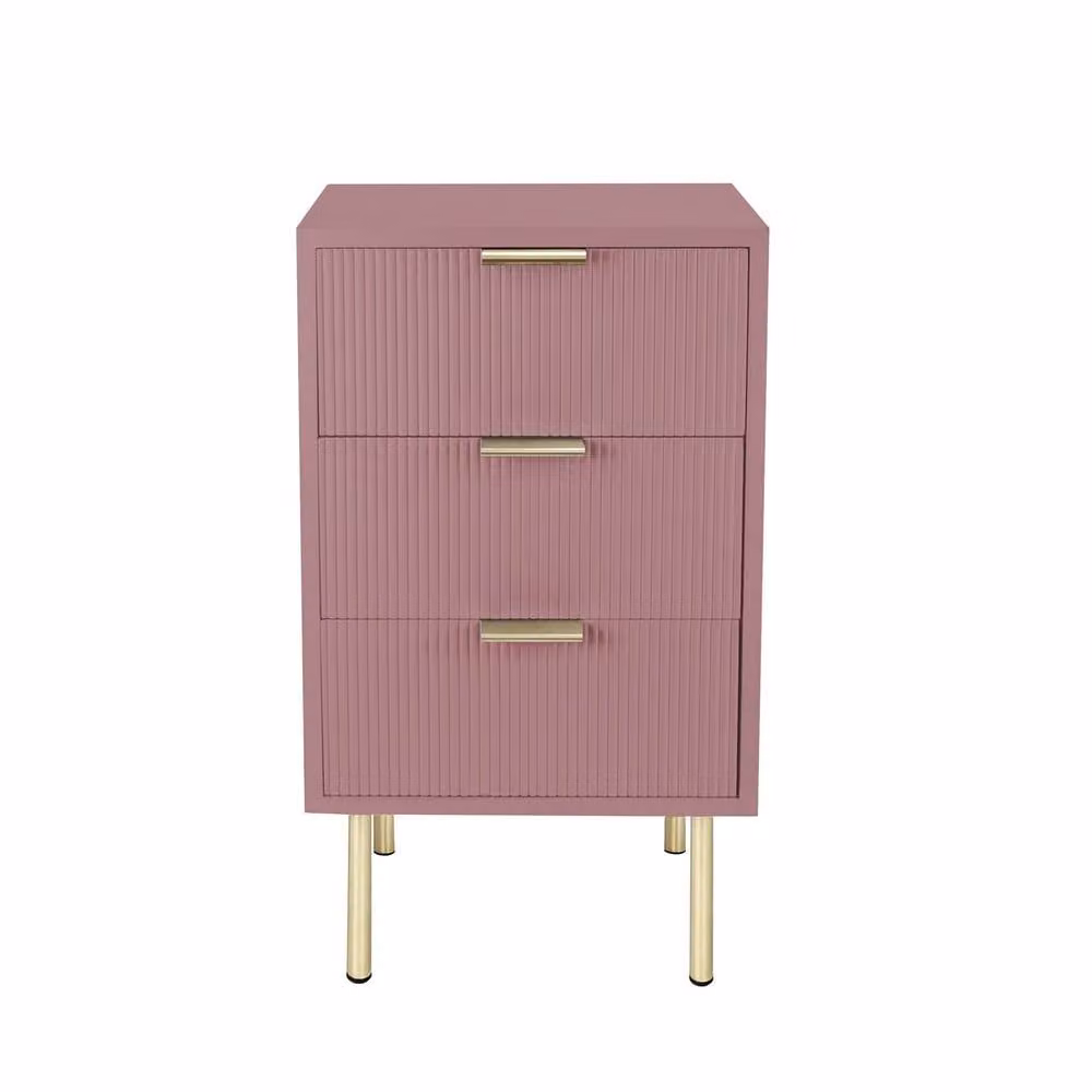 OHS Ribbed 3-Drawer Bedside Cabinet in Dusty Pink Engineered Wood Nightstand – 2