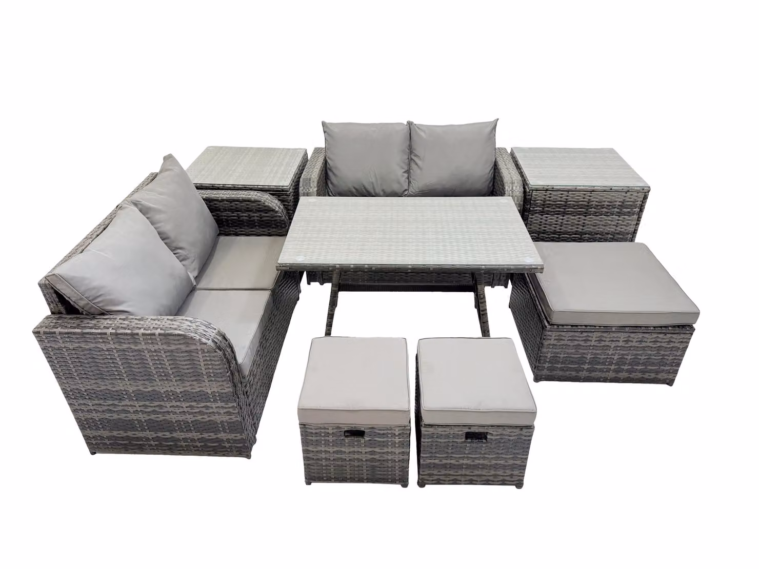 Fimous 7 Seater Rattan Dining Set with Oblong Glass Top Table and 2 Side Tables in Dark Grey – 2