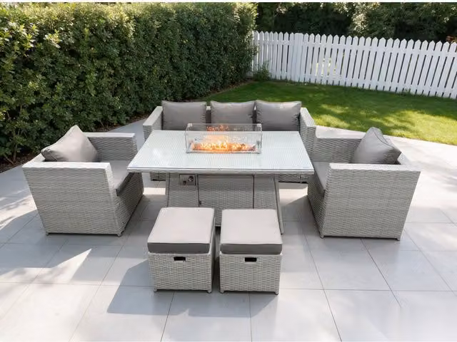 Fimous Rattan Garden Furniture Set with Gas Fire Pit Dining Table in Light Grey