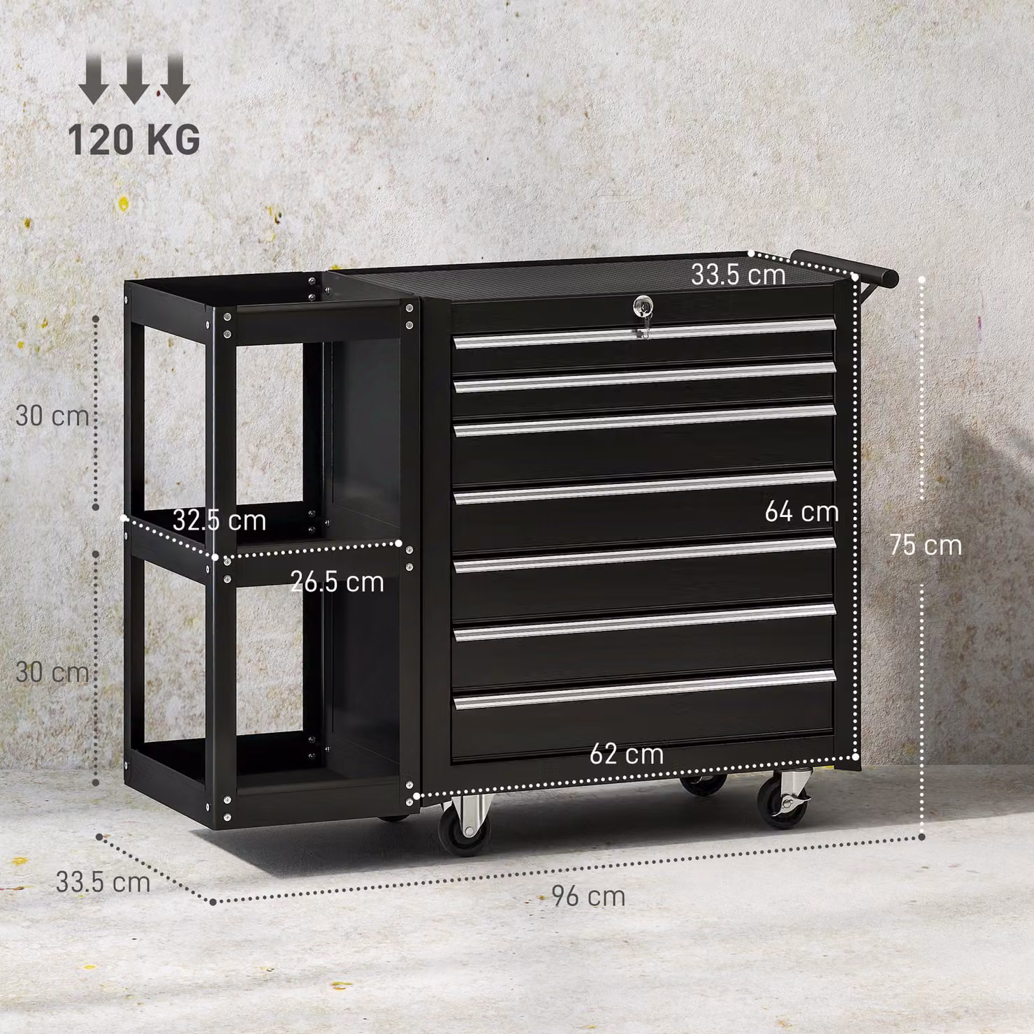 HOMCOM Lockable Steel 7-Drawer Tool Chest on Wheels, Black, W: 75 cm, D: 45 cm, H: 96 cm – 3