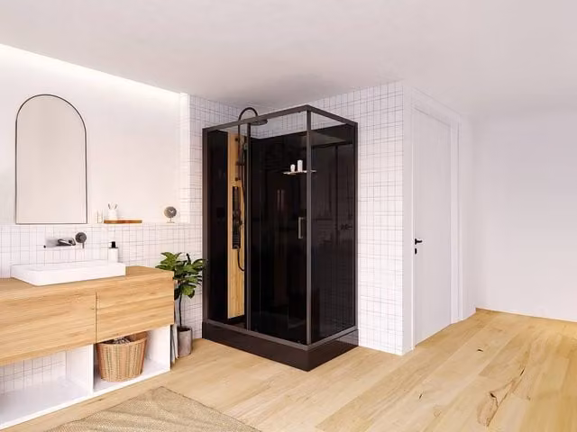 Vente-unique Rectangular Hydromassage Shower Cabin with Bamboo and Sliding Glass Doors, Black, W/D/H: 120 x 80 x 198 cm – 1
