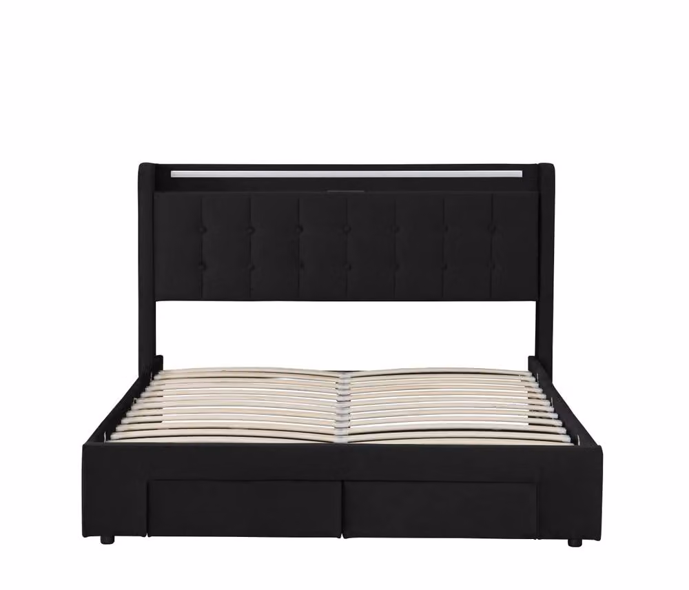 Harmin Luxury Black Velvet 5ft King Ottoman Bed with LED Headboard, USB Charging Port and UK Socket, W/D/H: 180 x 200 cm – 4