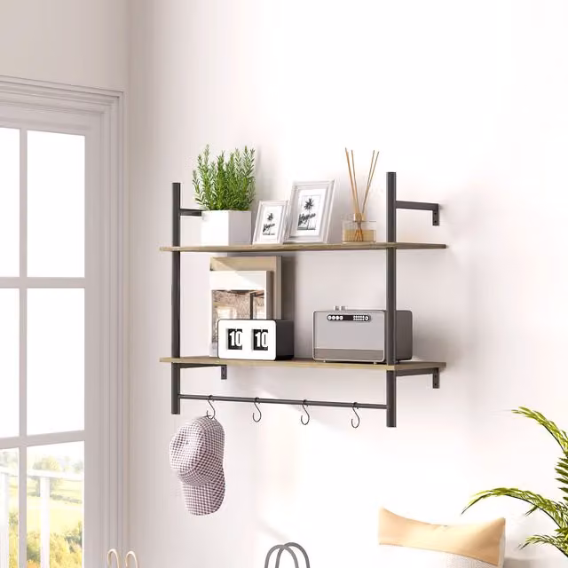 HOMCOM Rustic Wall Mounted Shelving Unit with 4 Hooks in Grey