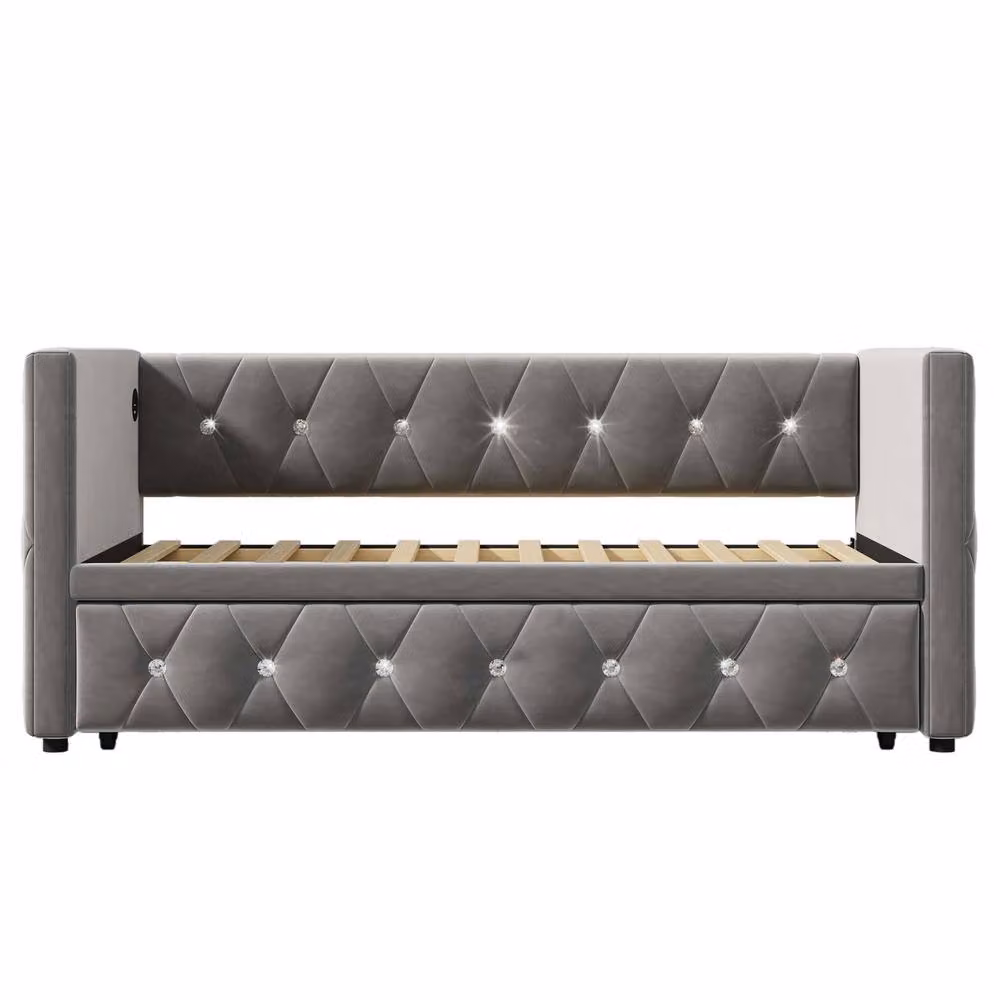 BTM Grey Velvet 3FT Daybed with Trundle and USB/Type-C Charging Ports, W/D/H: 90 x 190 x 76 cm – 5