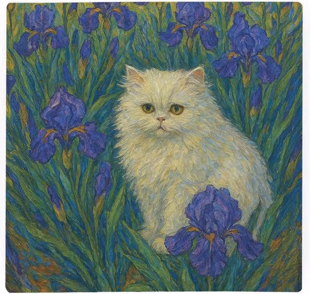 Purely Home Van Gogh Irises Persian Cat Large Square Glass Worktop Protector and Chopping Board in Blue and White
