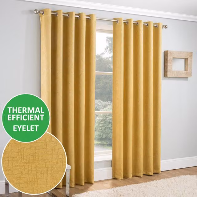 Enhanced Living Pair of Modern Yellow Thermal Dimout Eyelet Curtains, Height: 229 cm