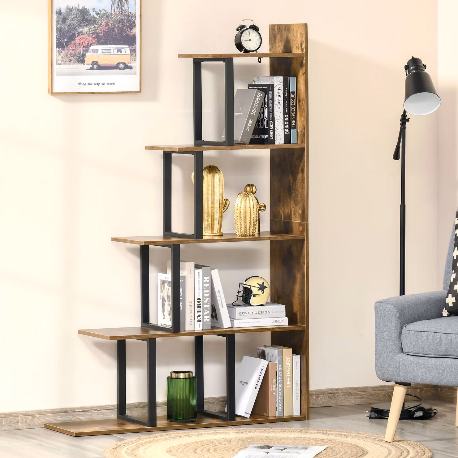HOMCOM 5-Tier Wooden Ladder Bookshelf Display Stand in Rustic Brown – 2