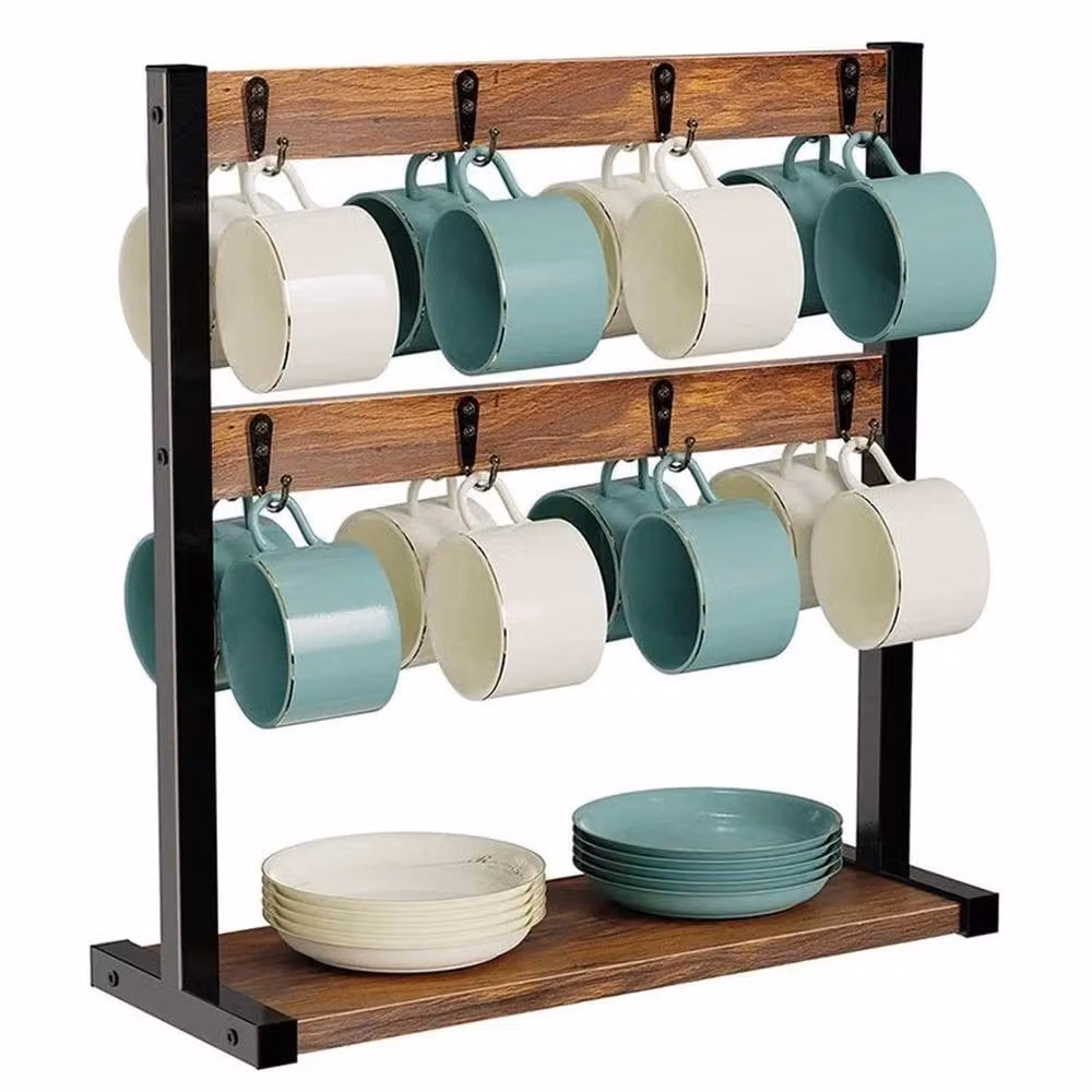 EONLION Brown Wood Tabletop Cup Storage Rack and Display Shelf – 4