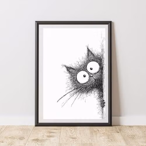 60 SECOND MAKEOVER Peeking Black Cat Print Poster, Multicolour, A4