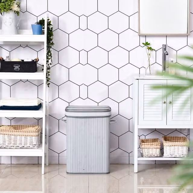 HOMCOM Bamboo Laundry Basket with Lid and Handles, Grey, W: 30 cm, D: 30 cm, H: 70 cm