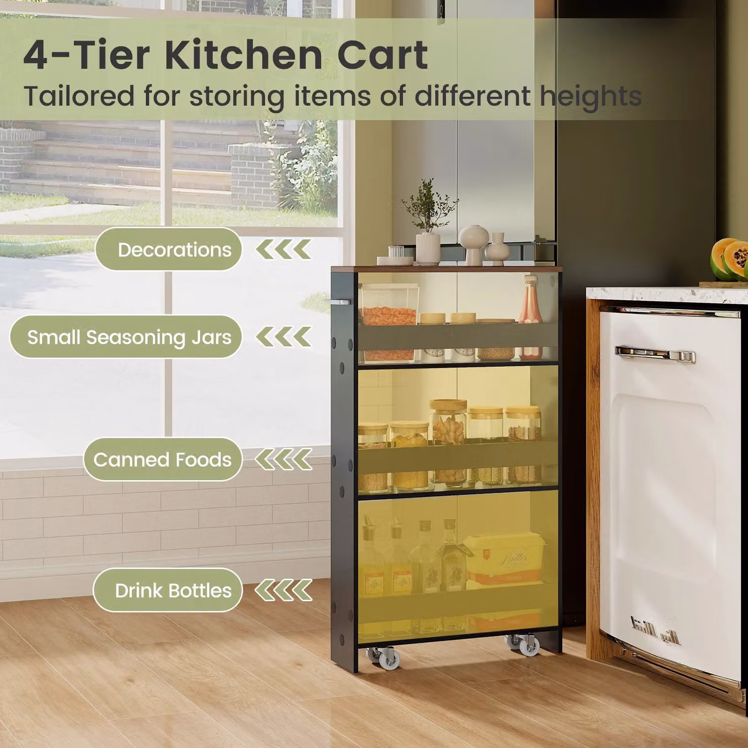 Costway 3-tier Slim Rolling Kitchen Serving Cart with Open Shelves in Black and Multicolour – 3