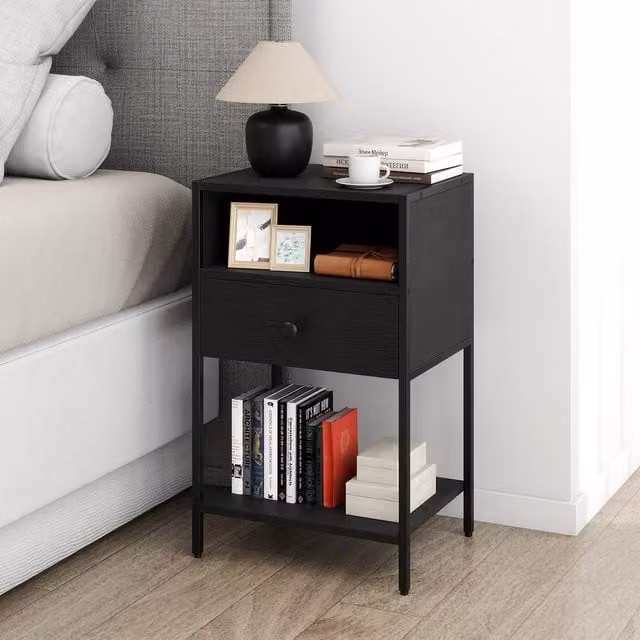 Gymax Industrial Nightstand with Drawer and Open Shelf, Black Farmhouse Bedside Table – 1
