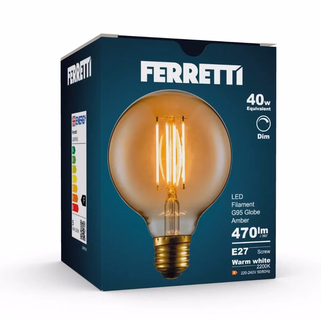 Ferretti G95 Amber Globe E27 LED Straight Filament Dimmable Bulb Pack of 6 in Transparent Glass – 2