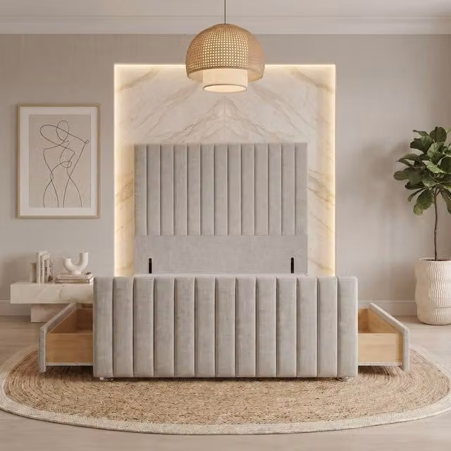 Somnior Eleanor Linen Divan Base with 4 Drawers, 54 inch Headboard and 22 inch Footboard, Light Grey, W/D/H: 200 x 200 x 137.16 cm