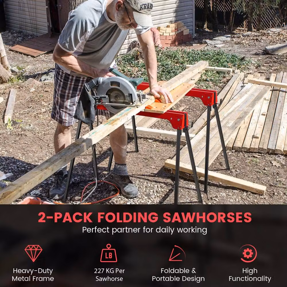 Gymax 2 Pack Folding Sawhorses Compact Tool Stands in Red – 4