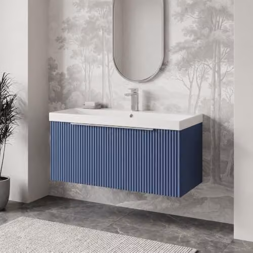 Balterley Blue Wall Hung Vanity Unit with Thin Edge Basin and Fluted Single Drawer, W/D/H: 81.0 x 39.5 x 40.9 cm – 2