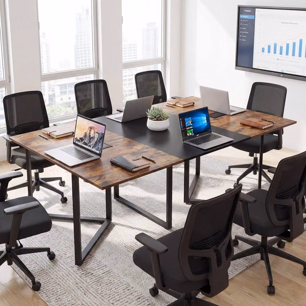 Gymax Industrial Rectangular Conference Table in Brown with Metal Frame and Grommet for 6-8 People – 5