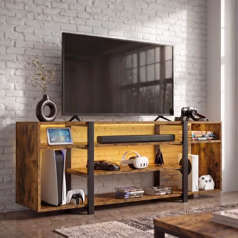 Zelumi Industrial LED TV Stand with Integrated Lighting and Media Compartments in Brown, W/D/H: 140 x 31 x 62 cm