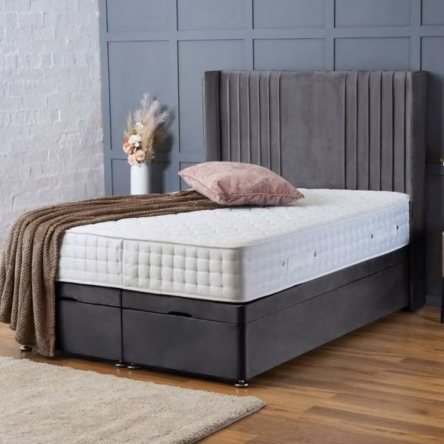 BSSPOKE Charlotte Ottoman Divan Bed in Grey Plush Velvet with 54 inch Headboard, W/D/H: 140 x 200 cm