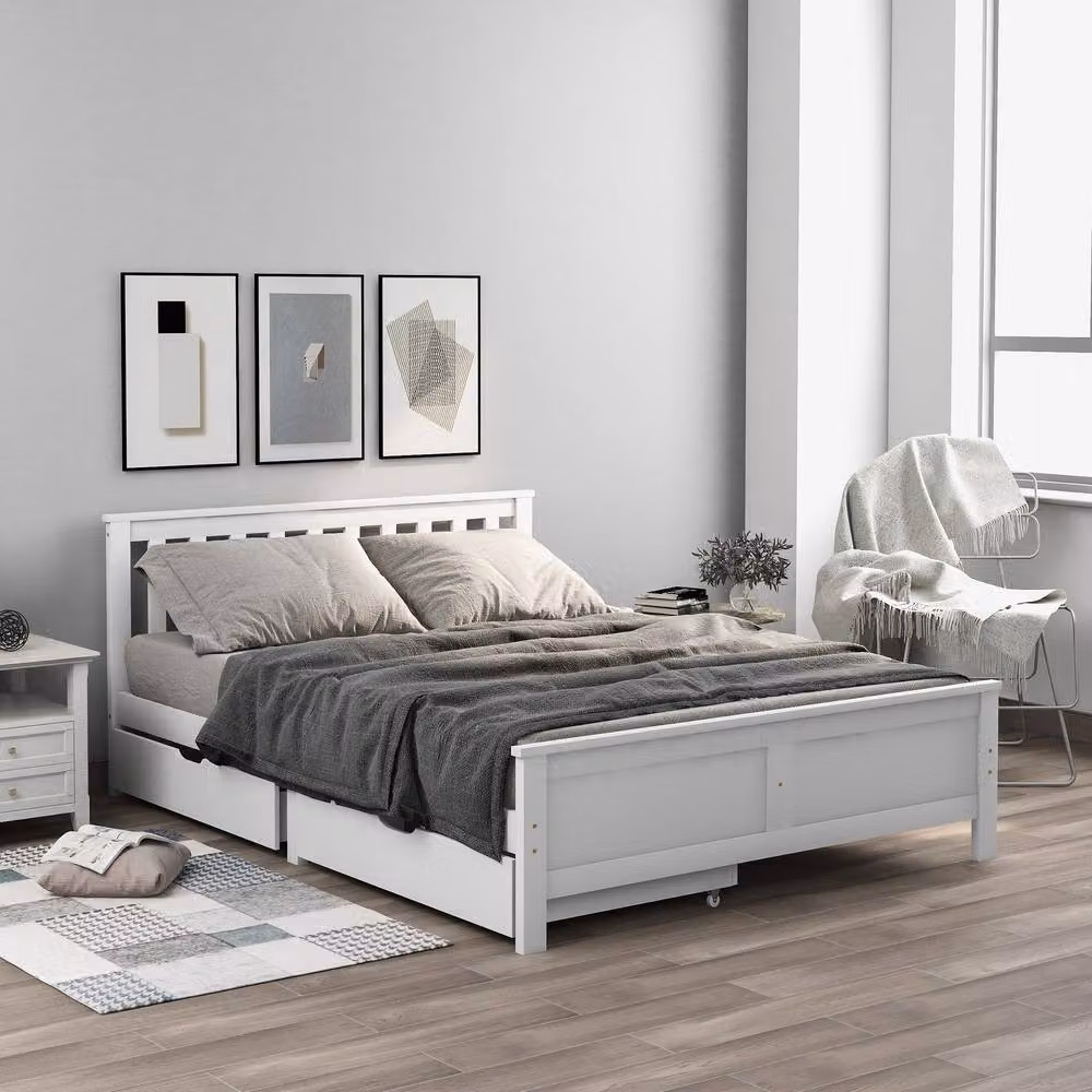 Rolipo Wooden Double Storage Bed with Drawers in White, W/D/H: 190 x 135 cm – 2