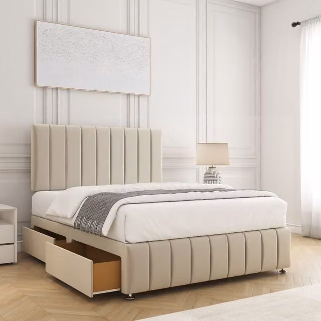 BSSPOKE Sierra Plush Velvet Divan Bed Set with 24 inch Headboard, 4 Drawers and Mattress in Beige, Super King, W/D/H: 200 x 200 cm