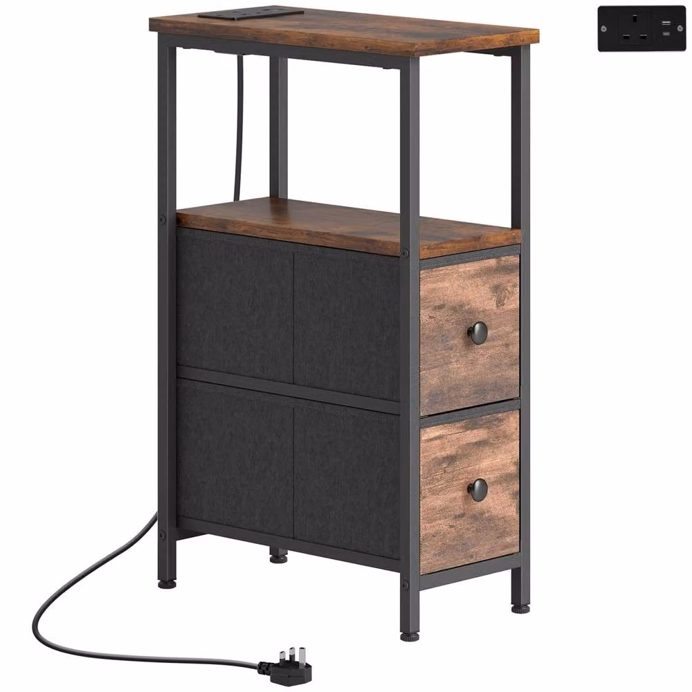 Wyld Haus Suro Narrow Bedside Table with 2 Fabric Drawers and Charging Station in Brown – 2