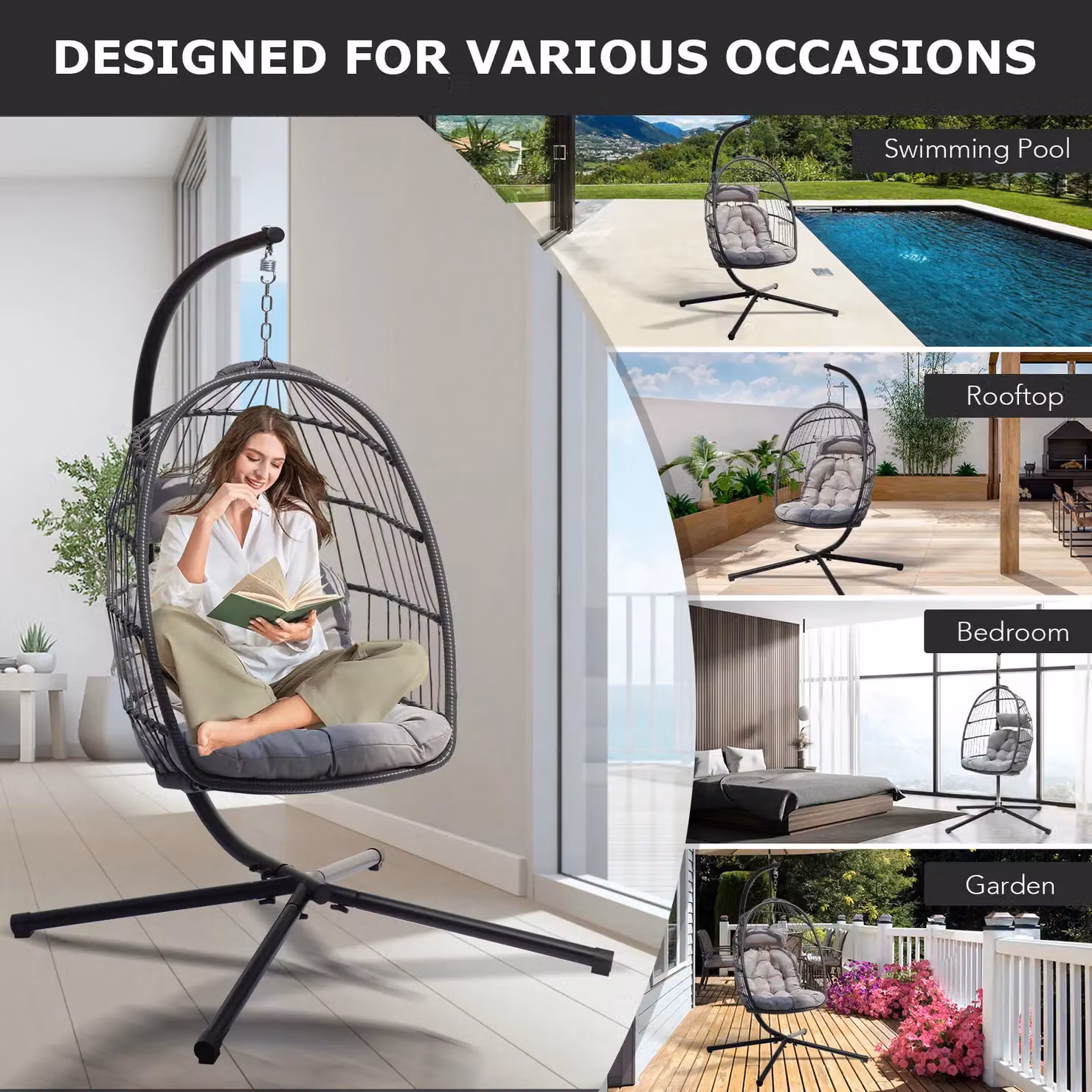 Leaper Foldable Hanging Egg Chair Swing Chair with Stand in Grey – 7