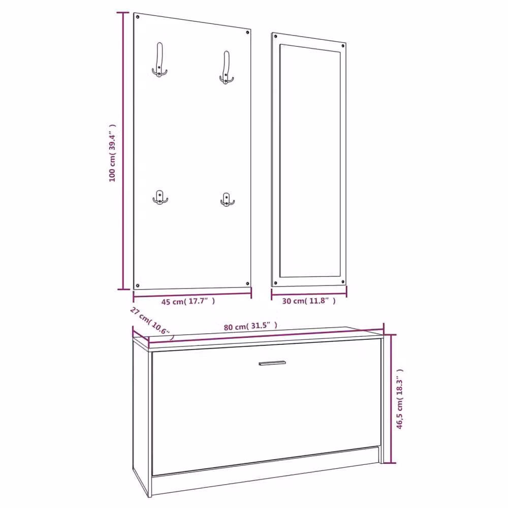 Berkfield Home 3-in-1 Modern Black Shoe Cabinet, Mirror and Wall Rack Set in Matt MDF – 4