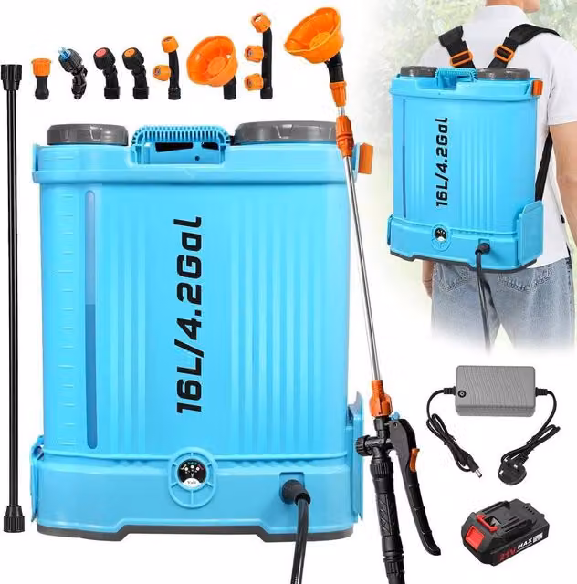 KORVIXA 16L Cordless Knapsack Sprayer with 21V Rechargeable Battery and Charger in Blue – 1
