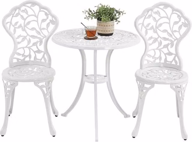 KORVIXA White 3 Piece Antique Bistro Dining Set with Floral Metal Design, W/D: 100 x 100 cm