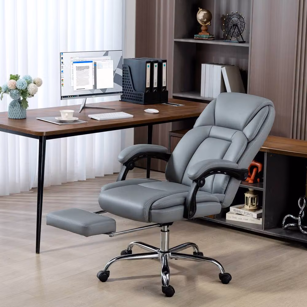 Rolipo Grey Faux Leather Executive Reclining Office Chair with Footrest and Headrest – 2