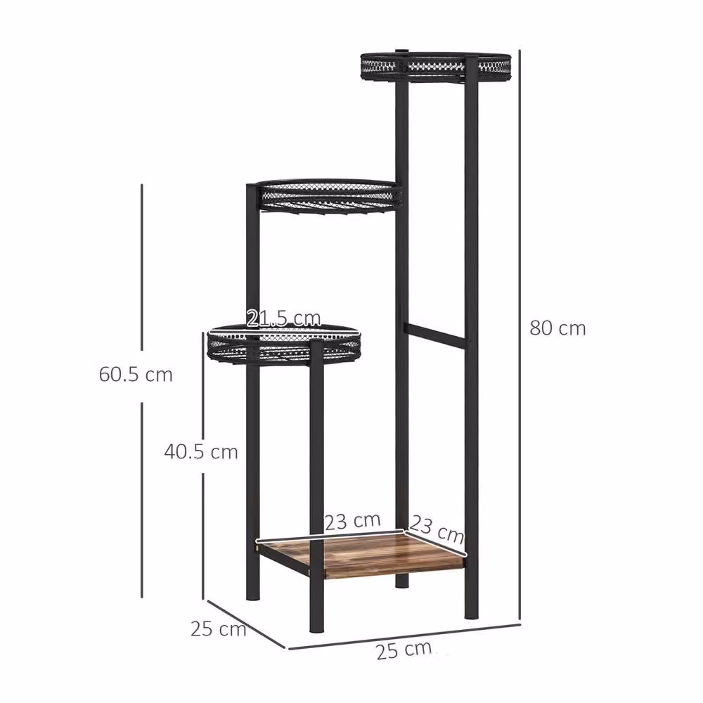 STILVORA 4 Tier Plant Stand with Wooden Shelves in Black, W/D/H: 80 x 25 x 25 cm – 4