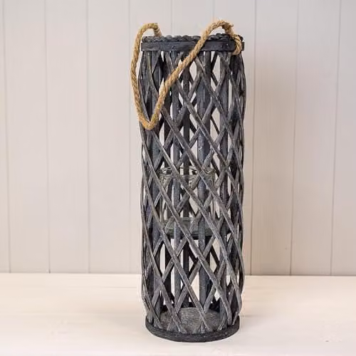 Gift Company Satchville Grey Washed Rustic Woven Lantern with Rope Handles for Pillar Candles
