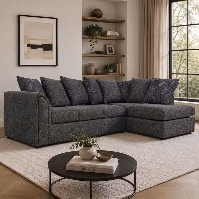 Furnishings For Less UK Byron Dundee 5 Seater L Shaped Corner Sofa in Grey Chenille Fabric, Right Hand Facing