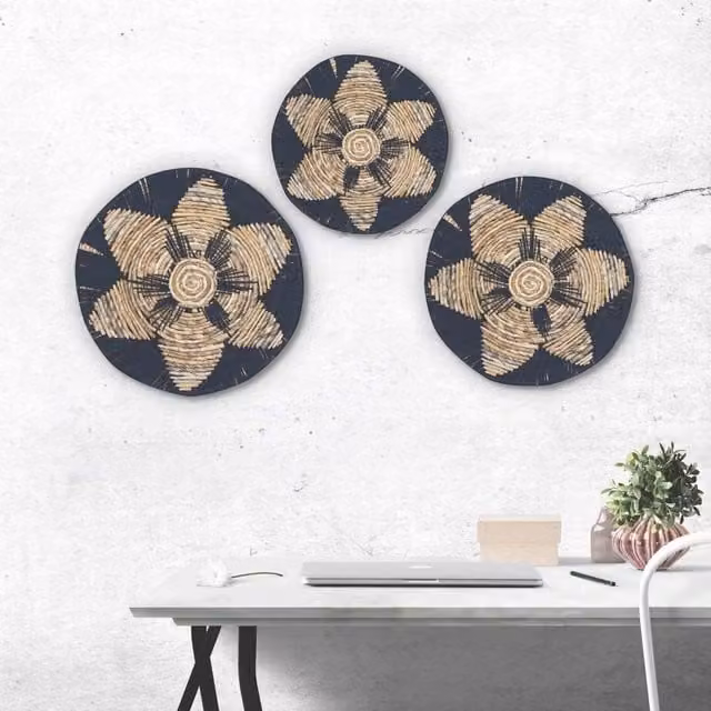 KDMK Set of 3 Black Boho Round Seagrass Wall Bowls