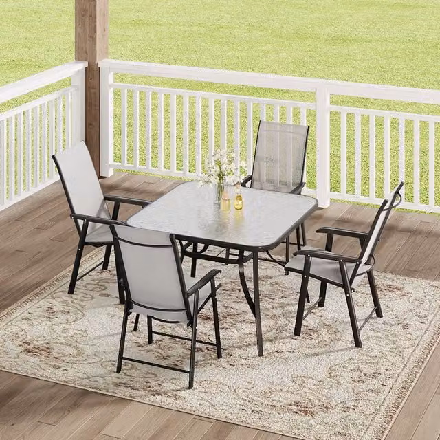Komore Modern Outdoor Glass Dining Table and 4 Folding Chairs Set in Black