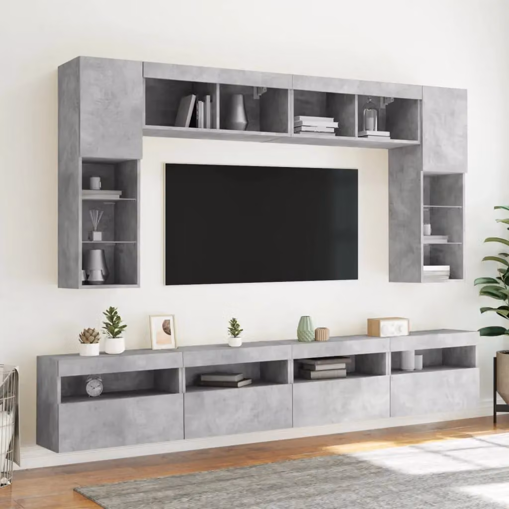 Berkfield Home 8 Piece Modern TV Wall Cabinet and Lowboard Set with Integrated LED Lighting in Matt Concrete Grey – 3