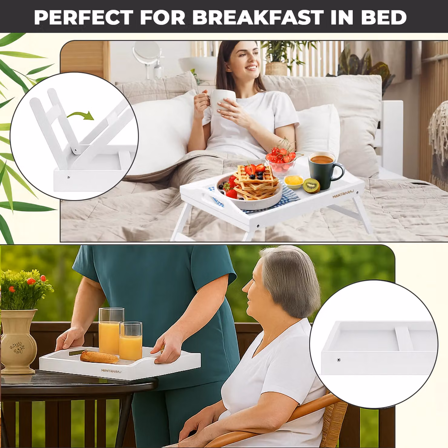 Mantraraj Bamboo Bed Tray Table with Foldable Legs, White, 2 Pack – 4