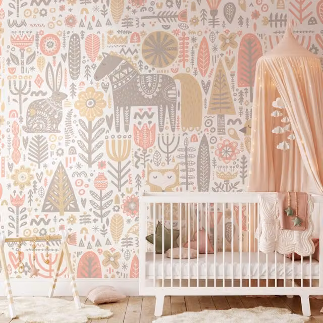 Origin Murals Scandi Forest Animals Wall Mural in Blush Pink and Floral Design