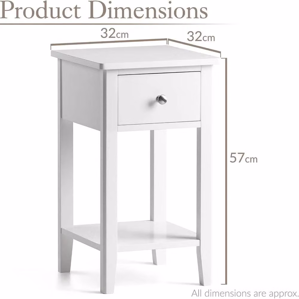 FORGEVIO White Slim Narrow Bedside Table with Drawer and Shelf, Modern Nightstand, H 57.0 x W 23.6 x D 17.2 cm – 2