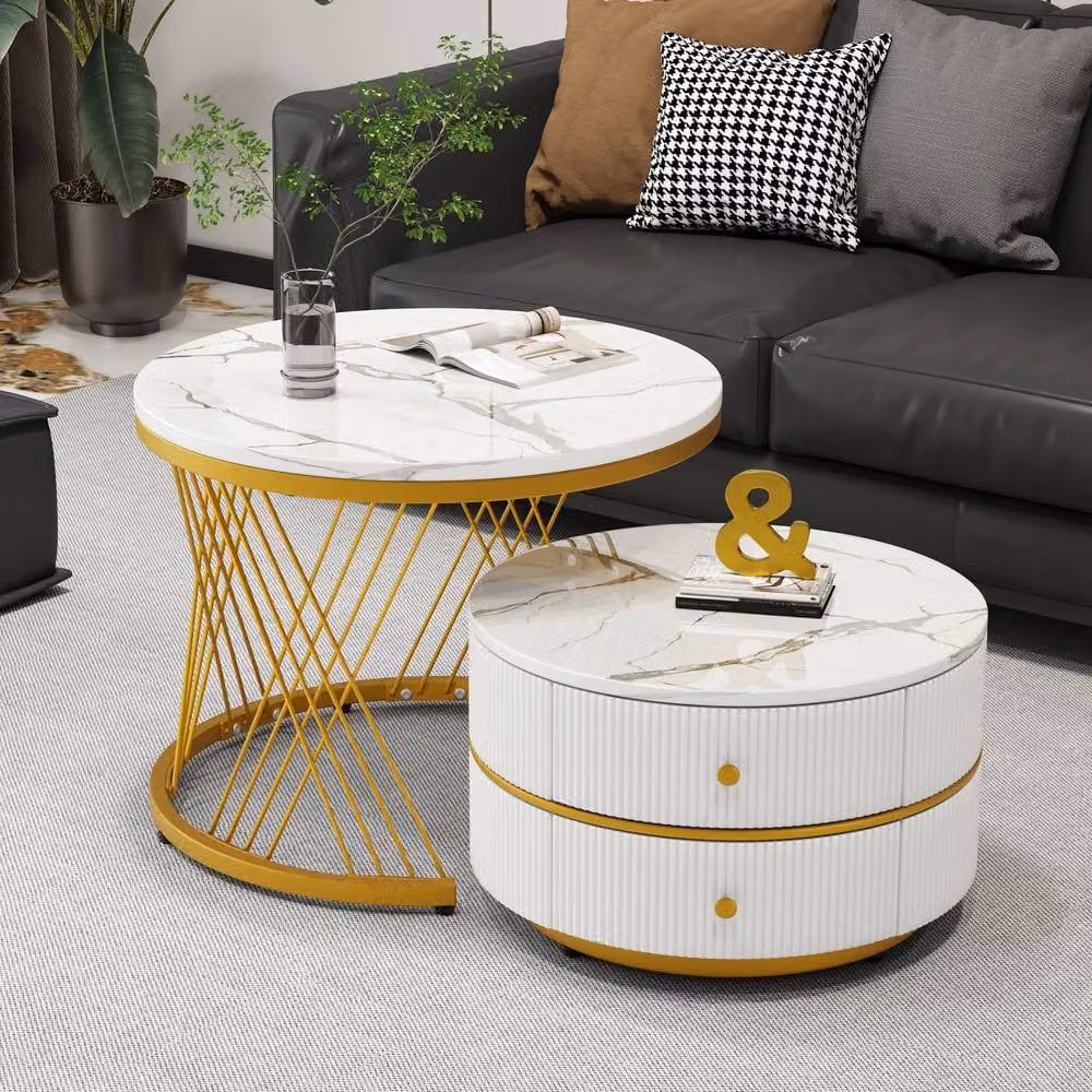 Rolipo White and Gold Round Nesting Coffee Table Set of 2 with Drawers – 7