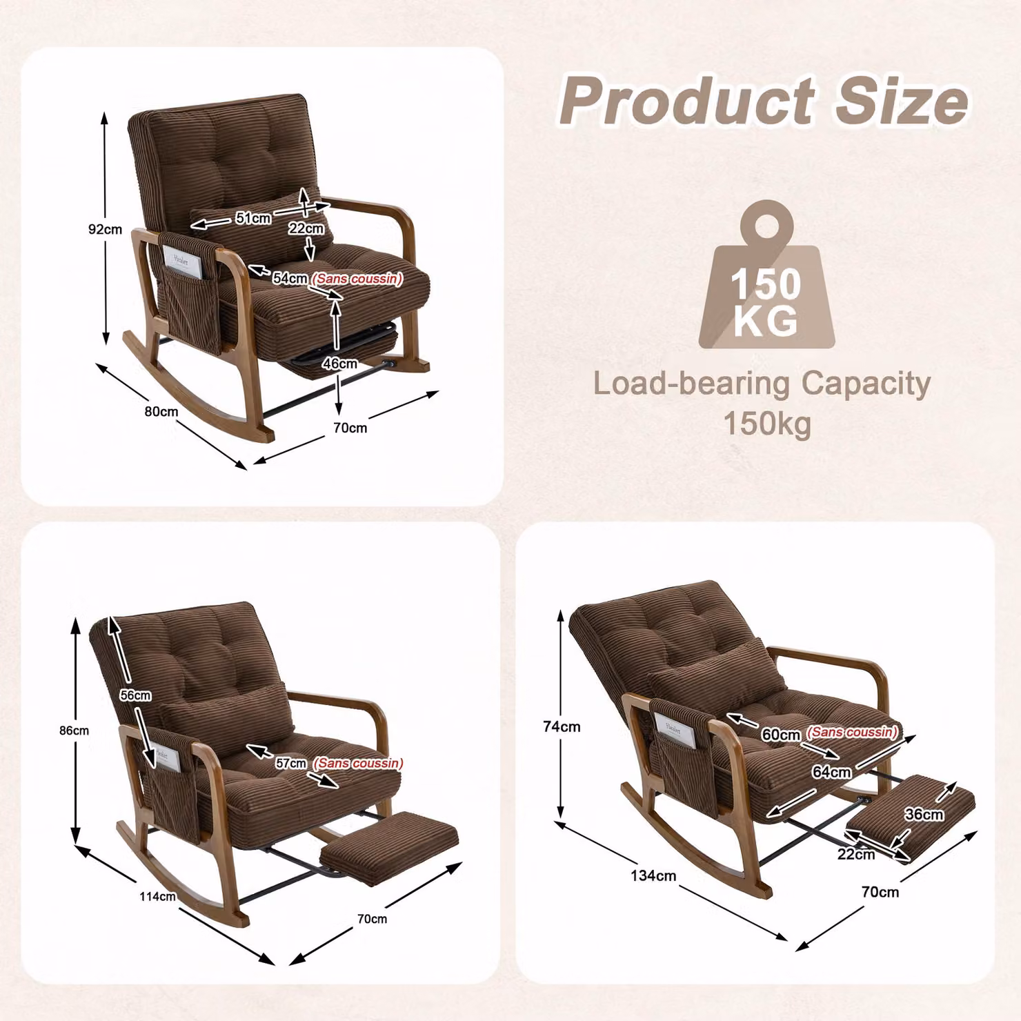 Aosom UK Corduroy Rocking Chair with Adjustable Footrest and Side Pocket in Brown, L 92 x W 80 x H 70 cm – 2