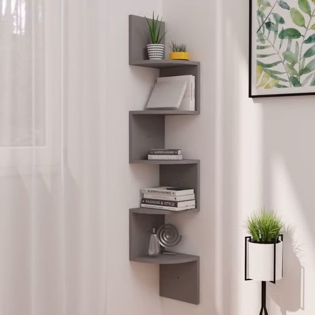 Berkfield Home Grey Wall Mounted Corner Shelf in MDF, H x W x D: 123 x 19 x 19 cm
