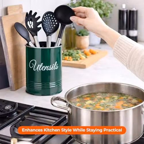 Innoteck Metal Utensil Holder and Cutlery Organiser Pot in Green with Non-Slip Base – 5