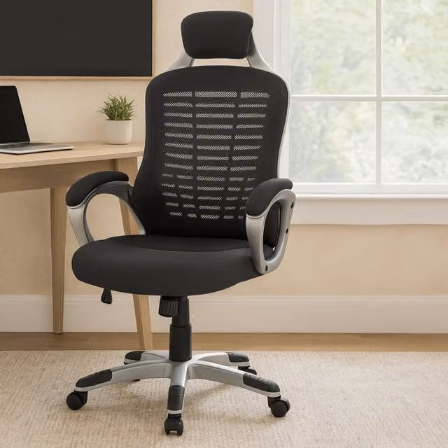 Orsina Ergonomic Grey and Silver Fabric Home Office Swivel Chair with Headrest and Armrests – 1