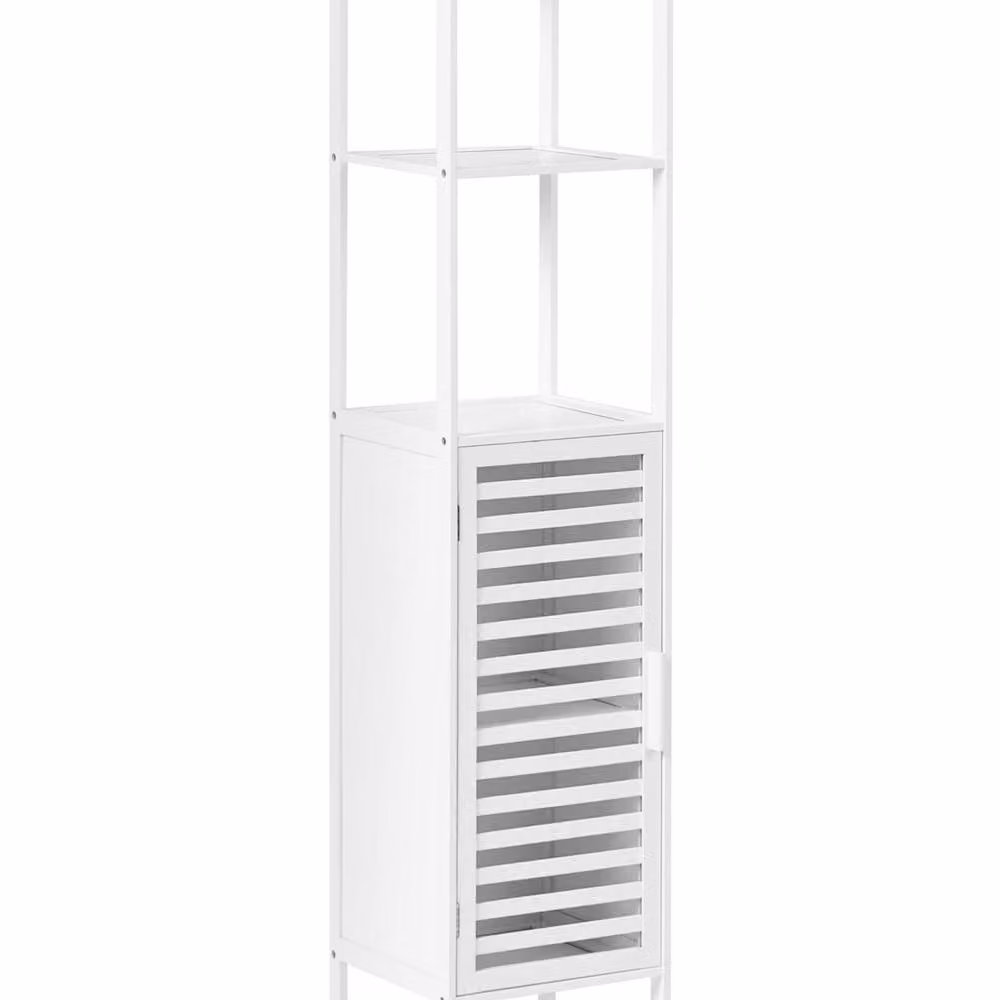 Wyld and Coco White Bamboo Free Standing Bathroom Shelving Unit with Hinged Doors and Open Shelves – 2