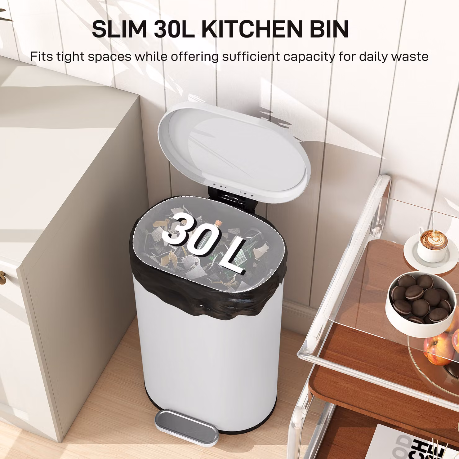 HOMCOM 30 L Modern Curved Kitchen Pedal Bin with Soft-Close Lid and Removable Inner Bucket, White – 3