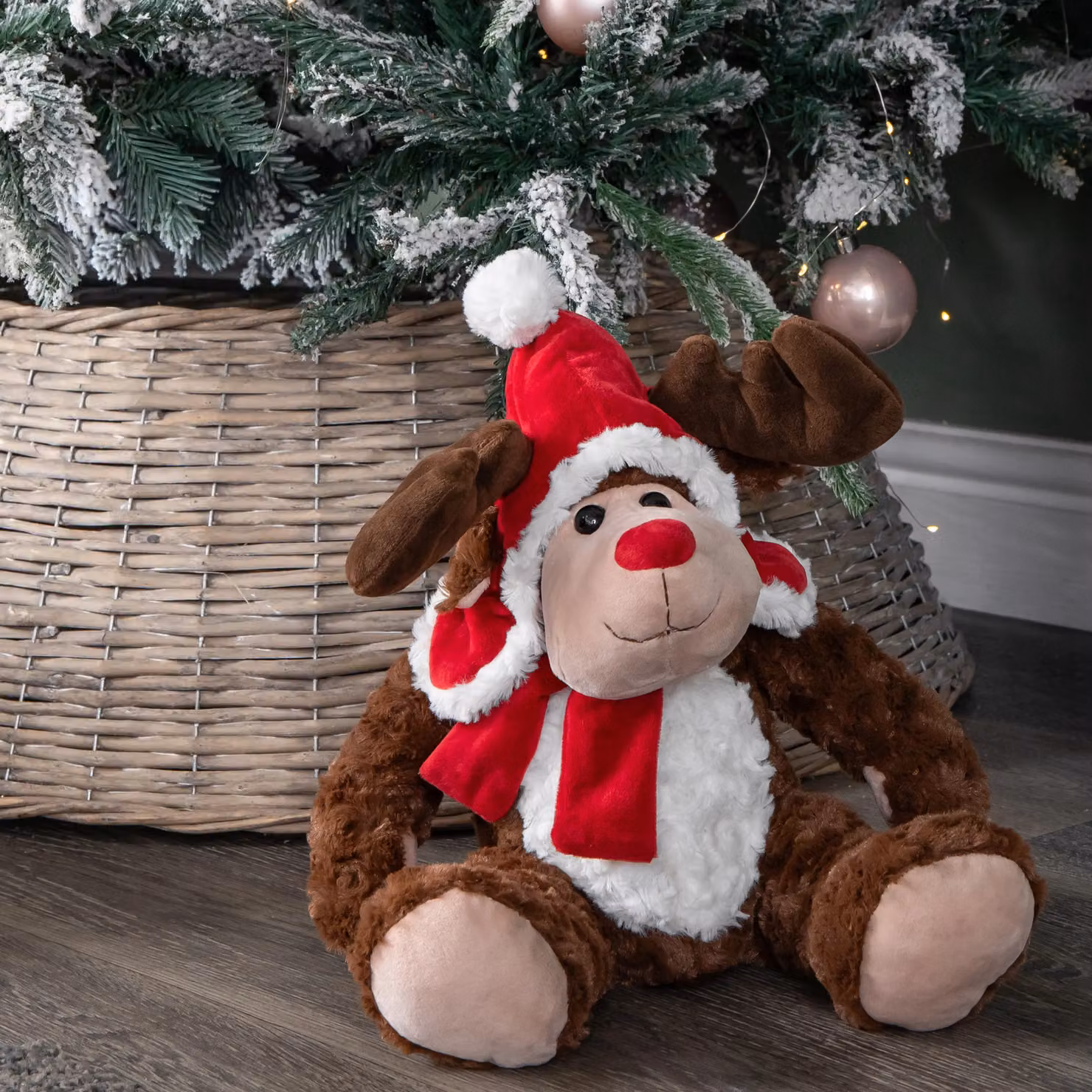 Samuel Alexander Brown Sitting Plush Christmas Reindeer with Red Hat and Scarf, Height: 30 cm – 2