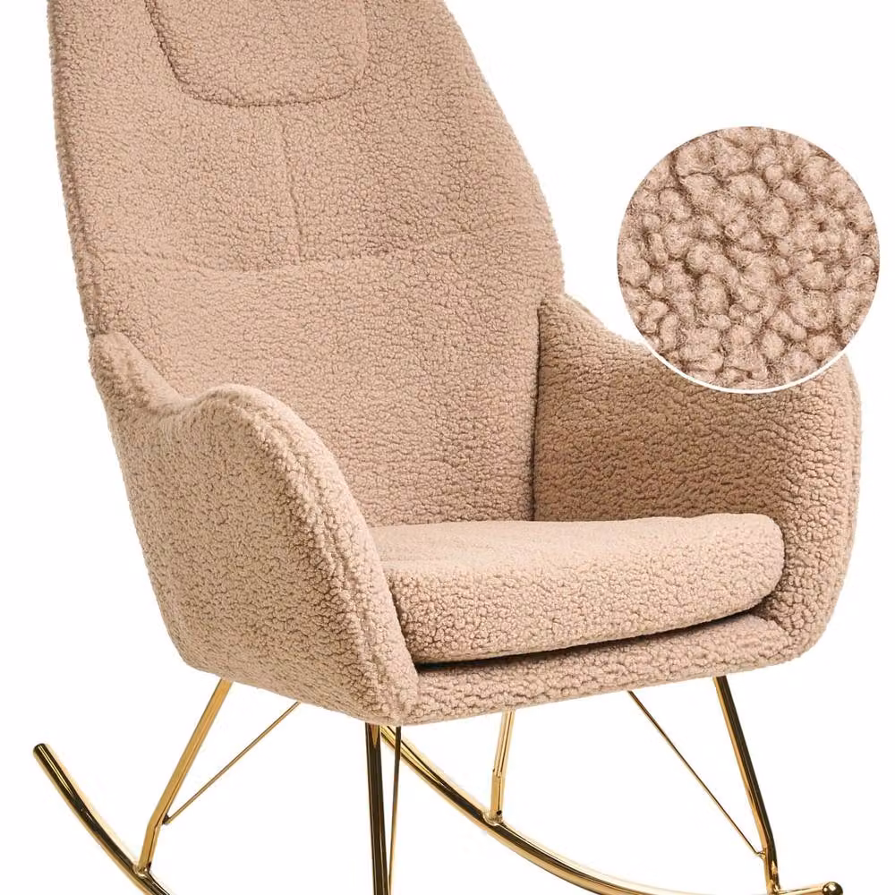Wyld and Coco Beige Boucle Rocking Chair with Gold Metal Armrests and Rubberwood Frame – 2