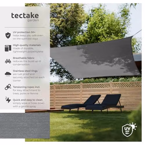 tectake Grey Square Sun Shade Sail with UPF 50+ UV Protection, W/D/H: 3.6 x 3.6 x 3.6 m, Breathable Polyethylene Fabric Canopy – 2